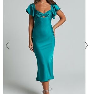 EMBERLYNN MIDI DRESS - FLUTTER SLEEVE CUT OUT SATIN DRESS IN TEAL